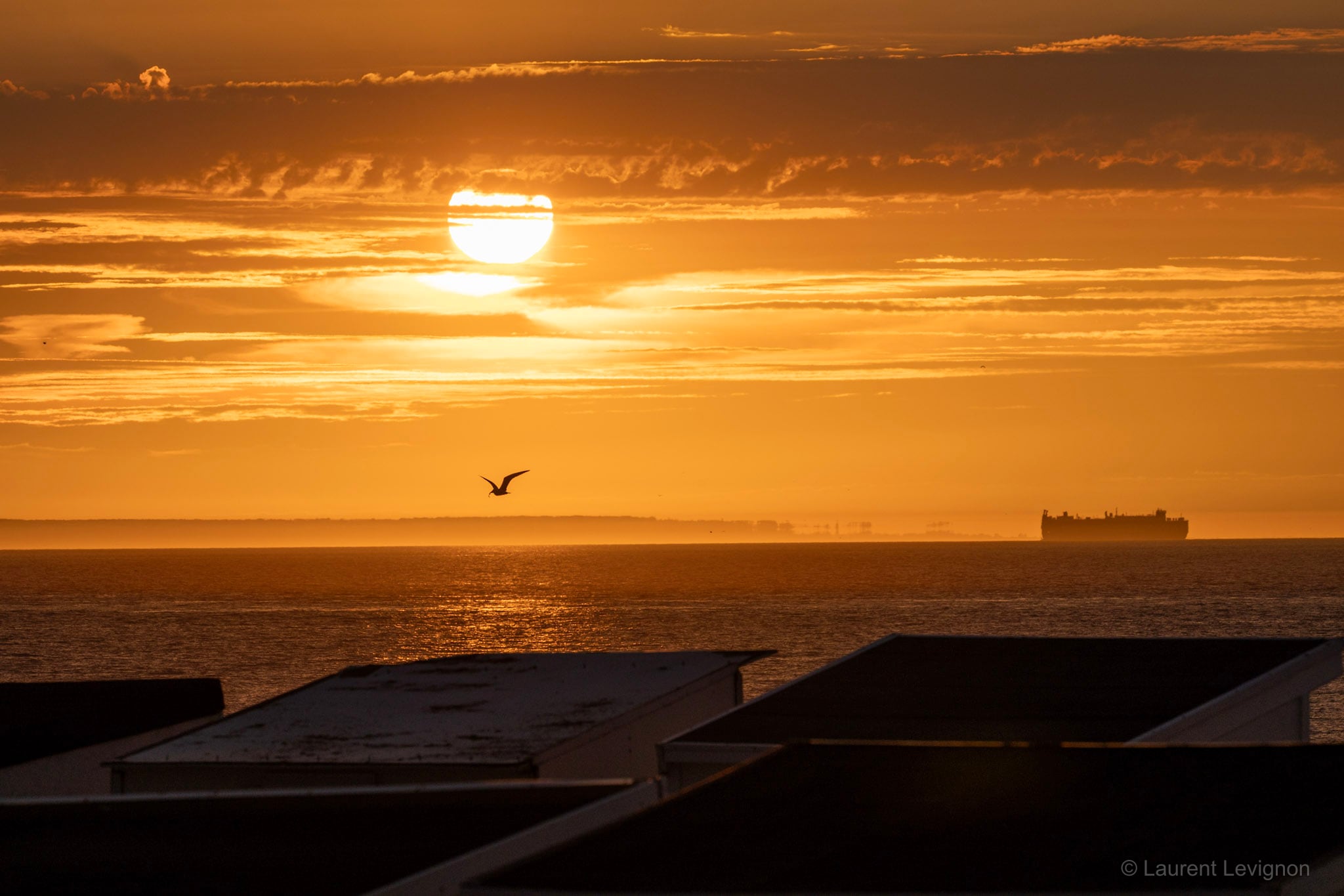 Coucher de soleil du 20 juin 2026, un cargo sur l'horizon.