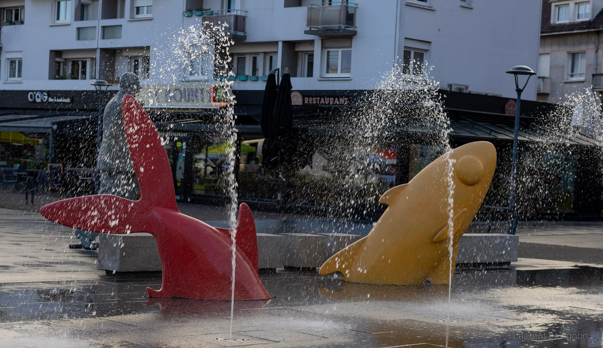 Calais, sous les jets d'eau. Derrière la rouge, le général de Gaulle d'Élisabeth Cibot regarde.
