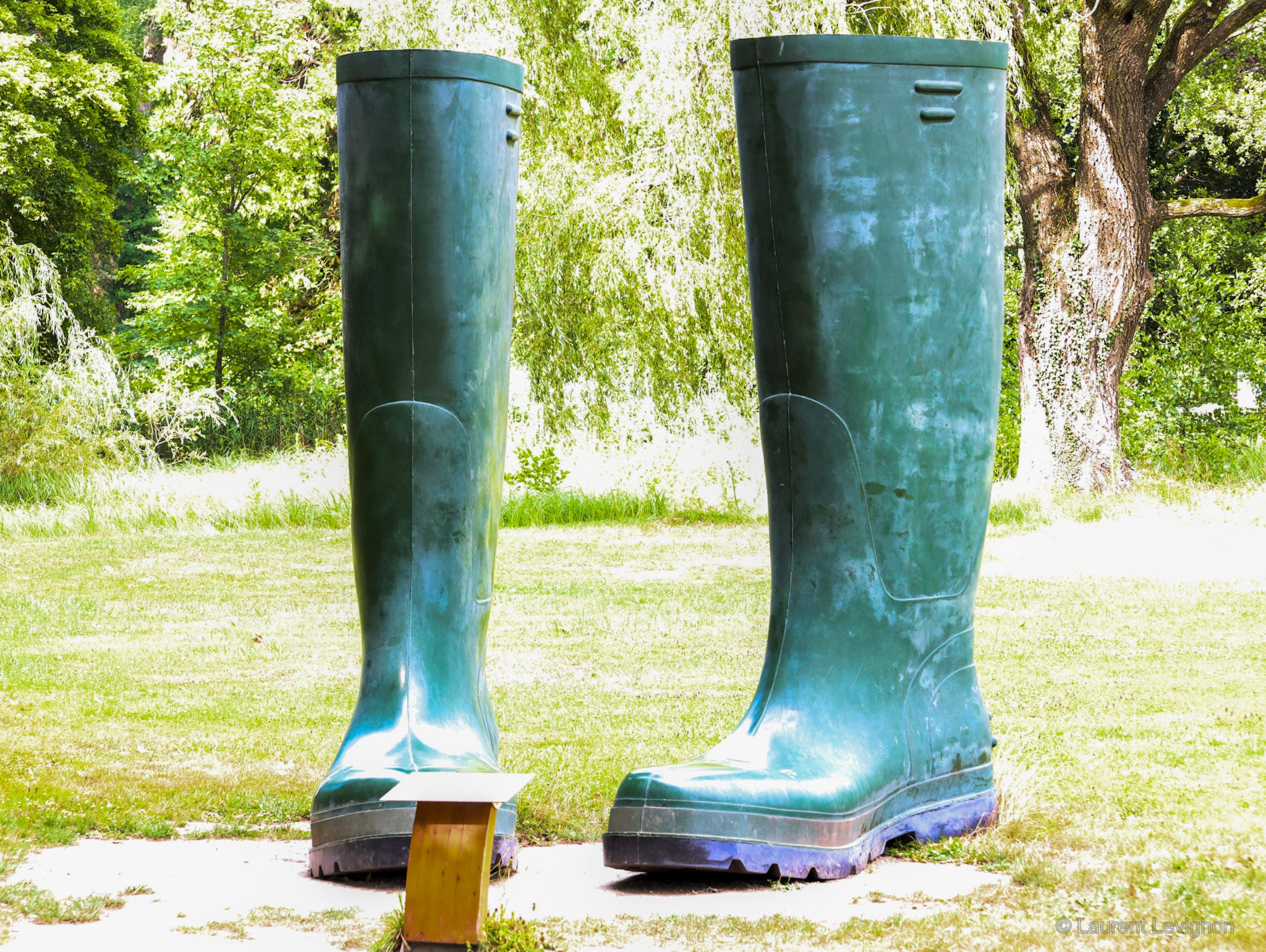 Trois mètres de caoutchouc, 2009. Parc du domaine de Vizille, où « un jardinier aurait oublié ses bottes ».